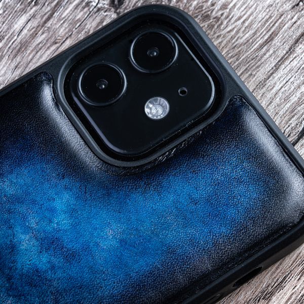 Чохол бампер зі натуральної шкіри Exclusive для Apple Iphone ручне фарбування | Синій SKU0020-8 фото