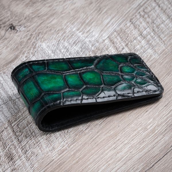 Затискач для купюр зі шкіри крокодила Crocco, ручне фарбування | Зелений SKU0110-1 фото