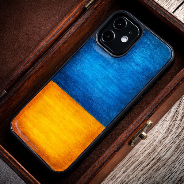 Natural Leather Exclusive Bumper Case for Xiaomi Mi Series Hand-Painted | Blue-Yellow SKU0020-13 photo