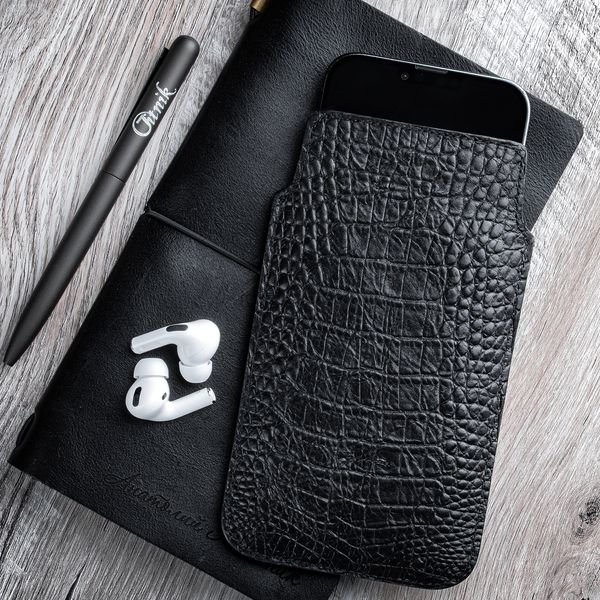 Чохол карман зі шкіри крокодила Crocodille для Apple Iphone ручної роботи | Чорний SKU0010-1 фото