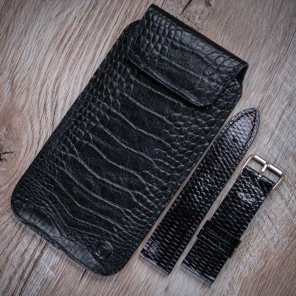 Closed Crocodile Leather Pocket Case for Apple iPhone with Clasp | Black SKU0010-9 photo
