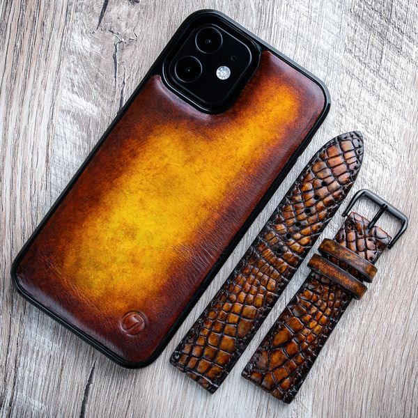 Hand-Painted Solid Leather Plastic Bumper Case for Samsung M Series | Gold SKU0021-1 photo